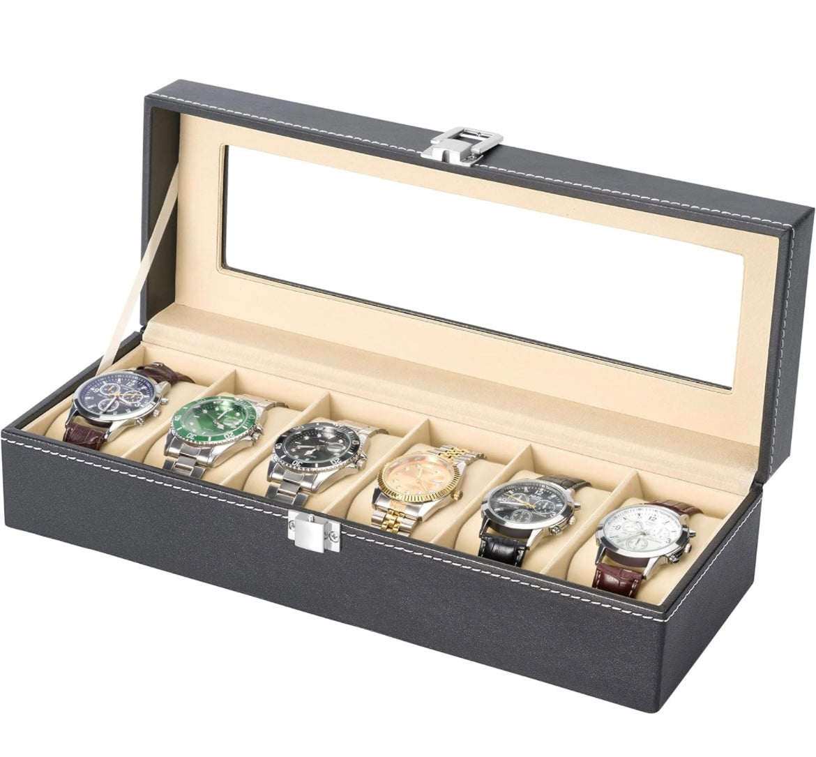 Watch Box 6-Slots with Real Glass Topped,Watch Display Storage Case
